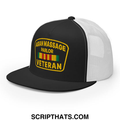 Asian Massage Parlor Veteran Embroidered Flat Bill Brim Mesh Trucker Hat Black White