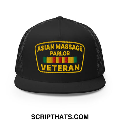 Asian Massage Parlor Veteran Embroidered Flat Bill Brim Mesh Trucker Hat Black