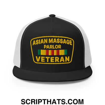 Asian Massage Parlor Veteran Embroidered Flat Bill Brim Mesh Trucker Hat Black White