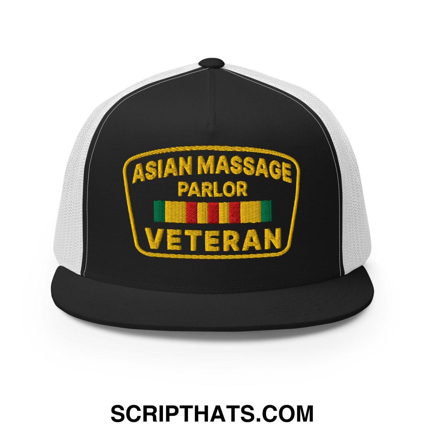Asian Massage Parlor Veteran Embroidered Flat Bill Brim Mesh Trucker Hat Black White