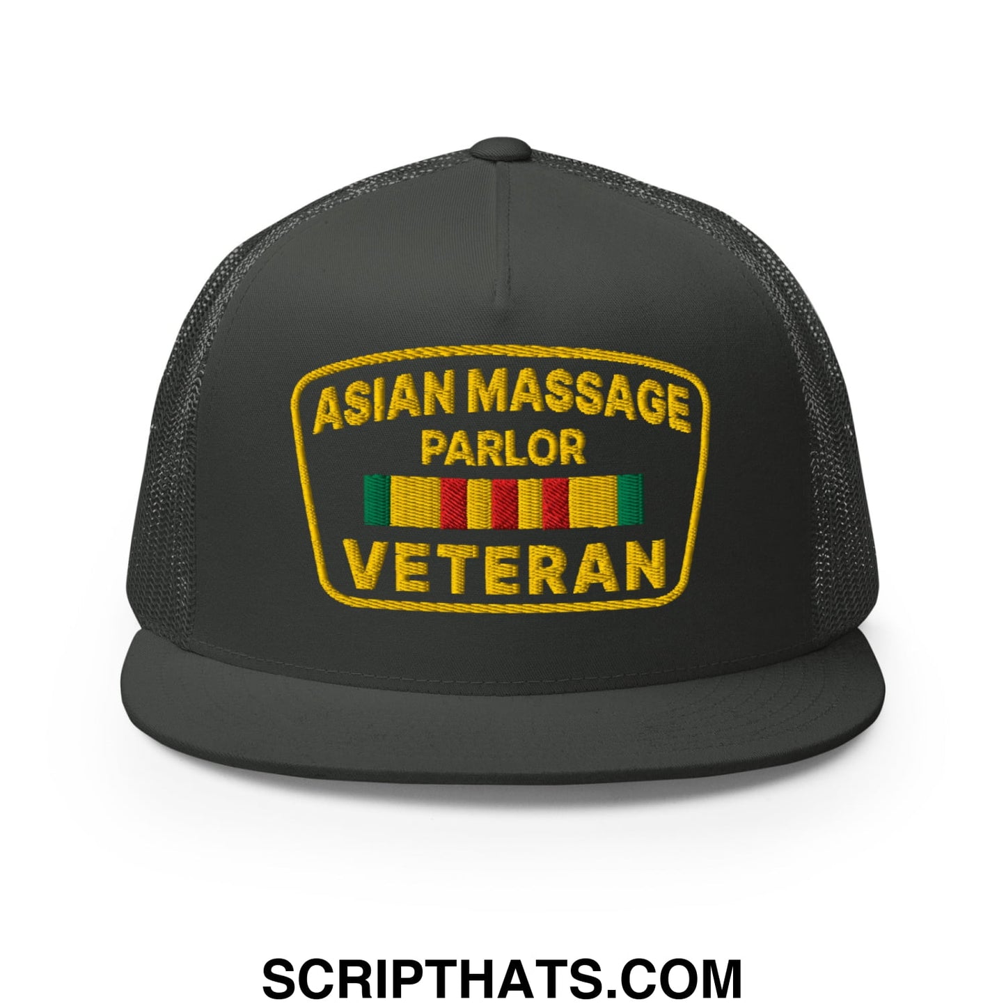 Asian Massage Parlor Veteran Embroidered Flat Bill Brim Mesh Trucker Hat Charcoal