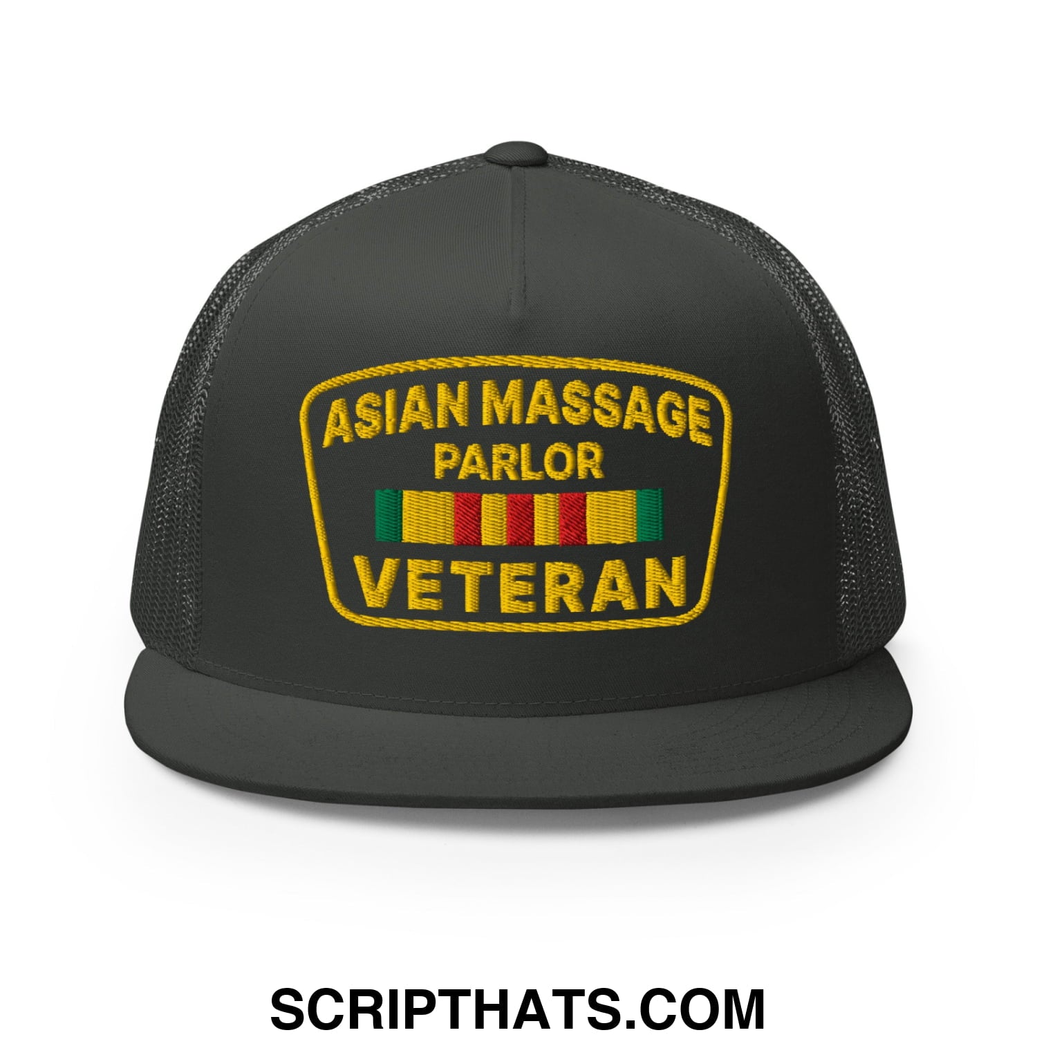Asian Massage Parlor Veteran Embroidered Flat Bill Brim Mesh Trucker Hat Charcoal