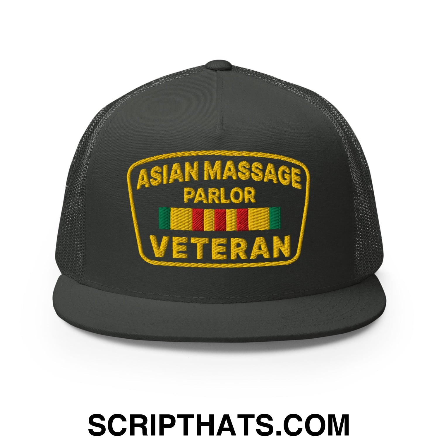 Asian Massage Parlor Veteran Embroidered Flat Bill Brim Mesh Trucker Hat Charcoal