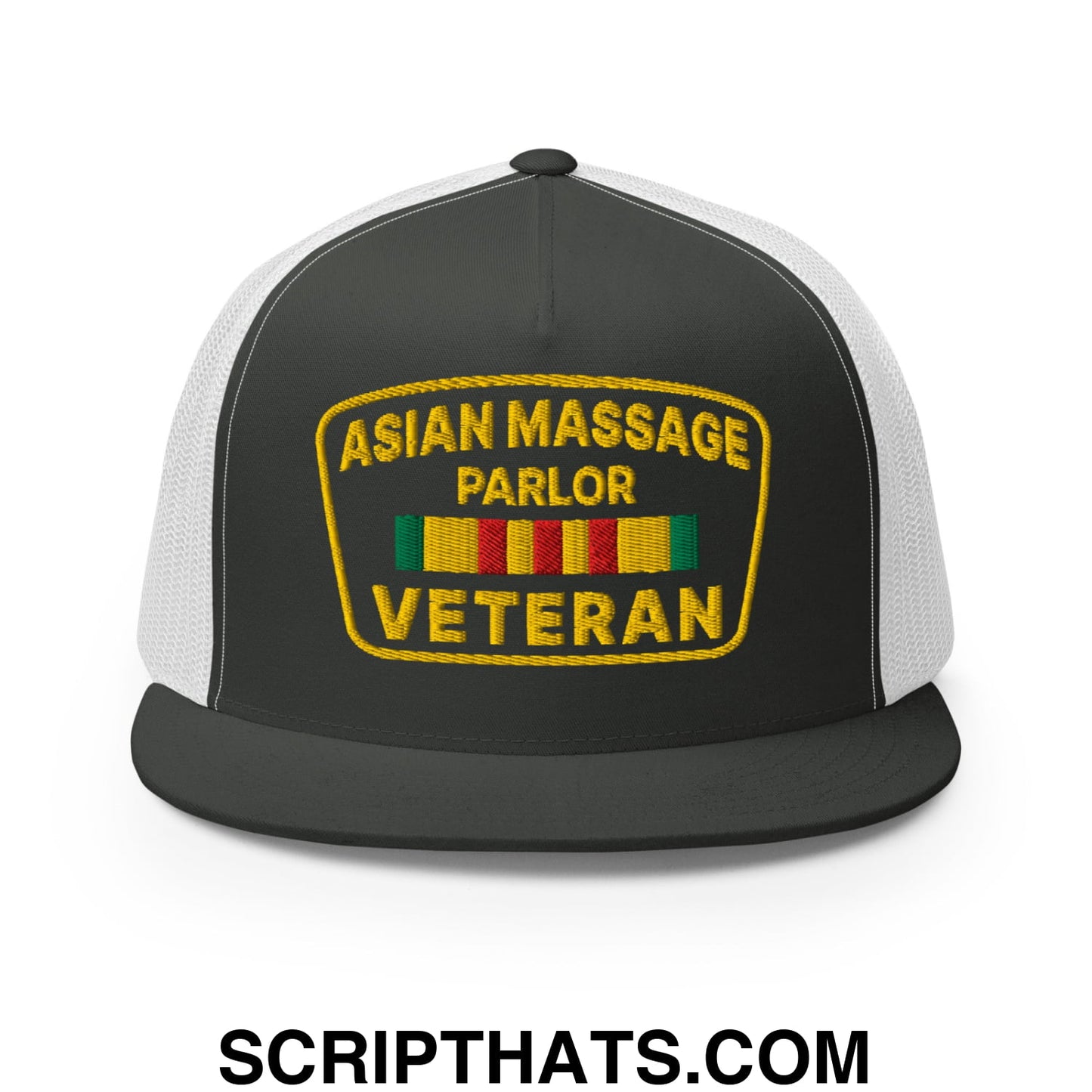Asian Massage Parlor Veteran Embroidered Flat Bill Brim Mesh Trucker Hat Charcoal White