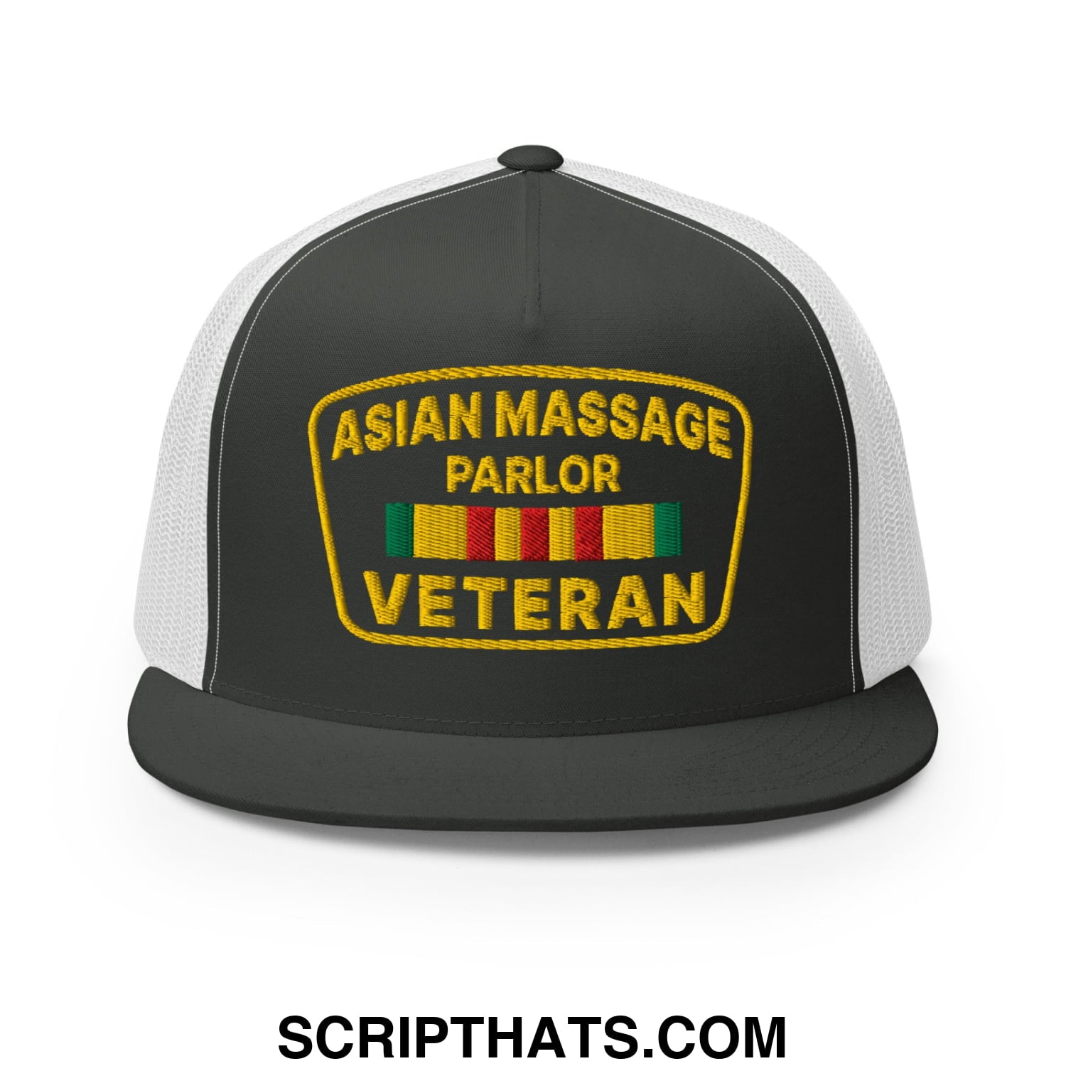 Asian Massage Parlor Veteran Embroidered Flat Bill Brim Mesh Trucker Hat Charcoal White