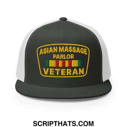 Asian Massage Parlor Veteran Embroidered Flat Bill Brim Mesh Trucker Hat Charcoal White