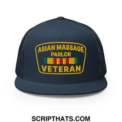 Asian Massage Parlor Veteran Embroidered Flat Bill Brim Mesh Trucker Hat Navy