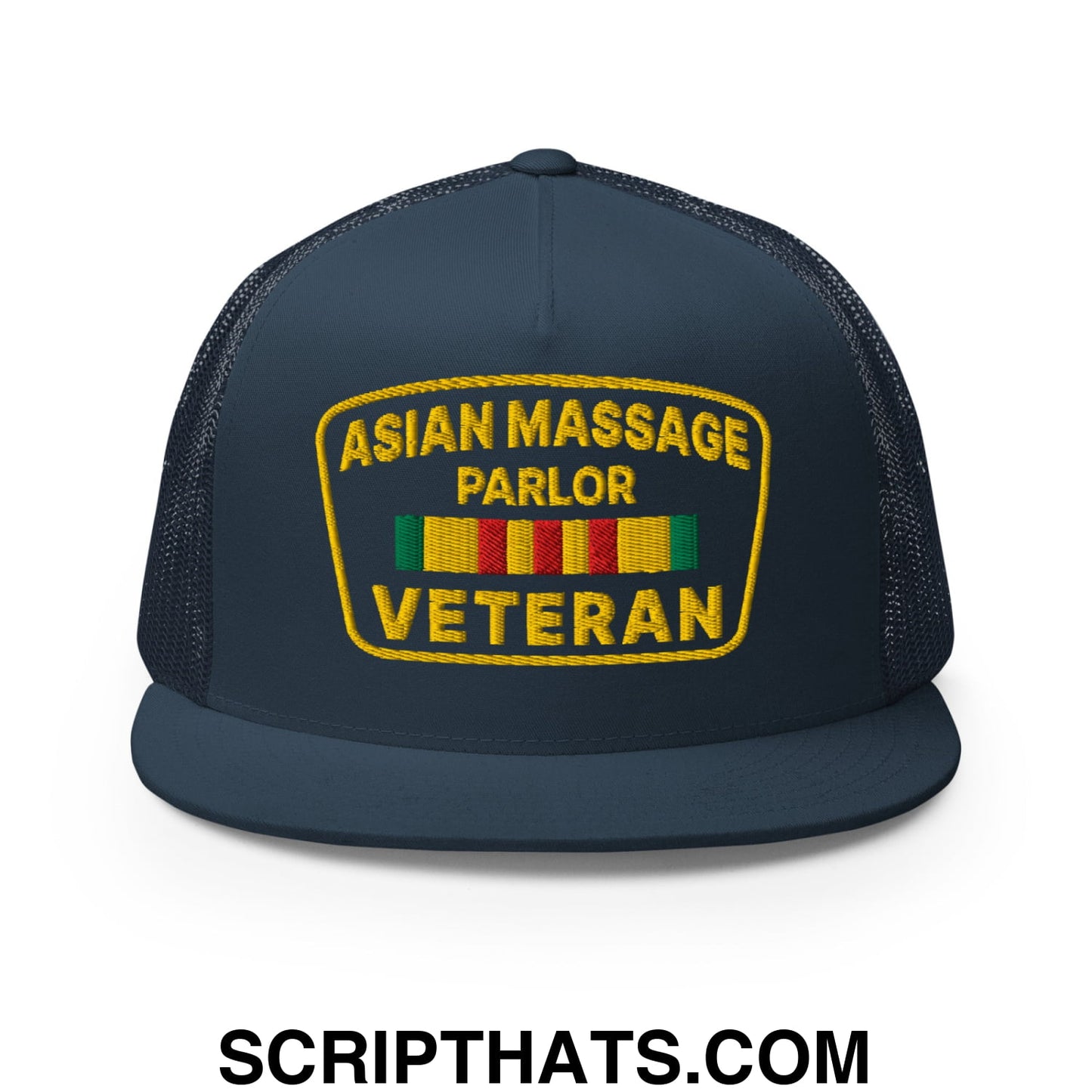 Asian Massage Parlor Veteran Embroidered Flat Bill Brim Mesh Trucker Hat Navy