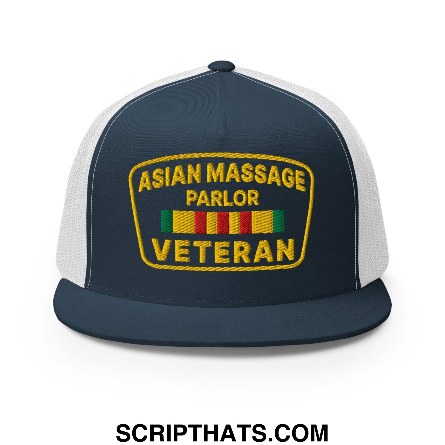 Asian Massage Parlor Veteran Embroidered Flat Bill Brim Mesh Trucker Hat Navy White