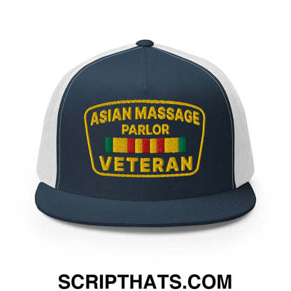 Asian Massage Parlor Veteran Embroidered Flat Bill Brim Mesh Trucker Hat Navy White