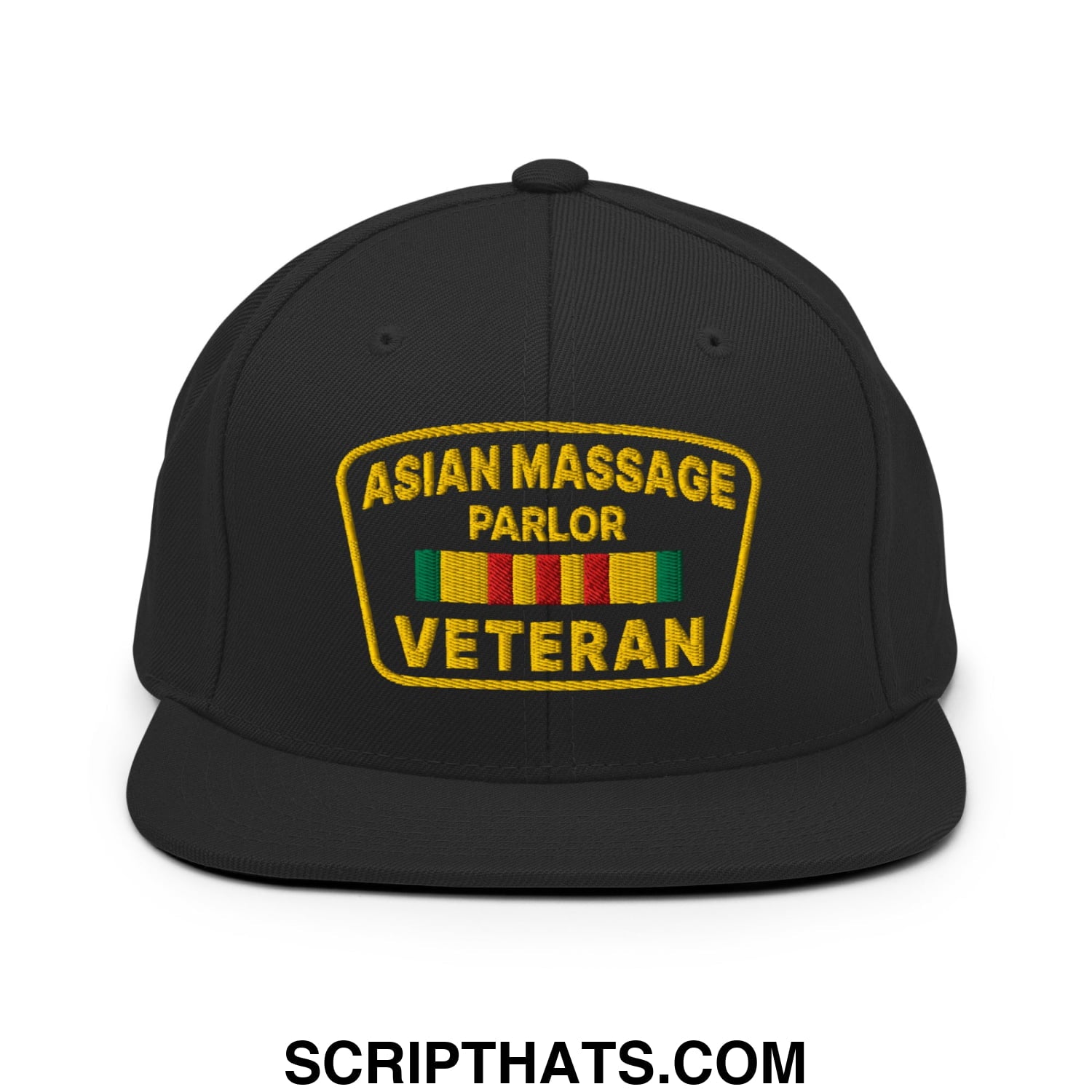 Asian Massage Parlor Veteran Embroidered Flat Bill Brim Snapback Hat Black