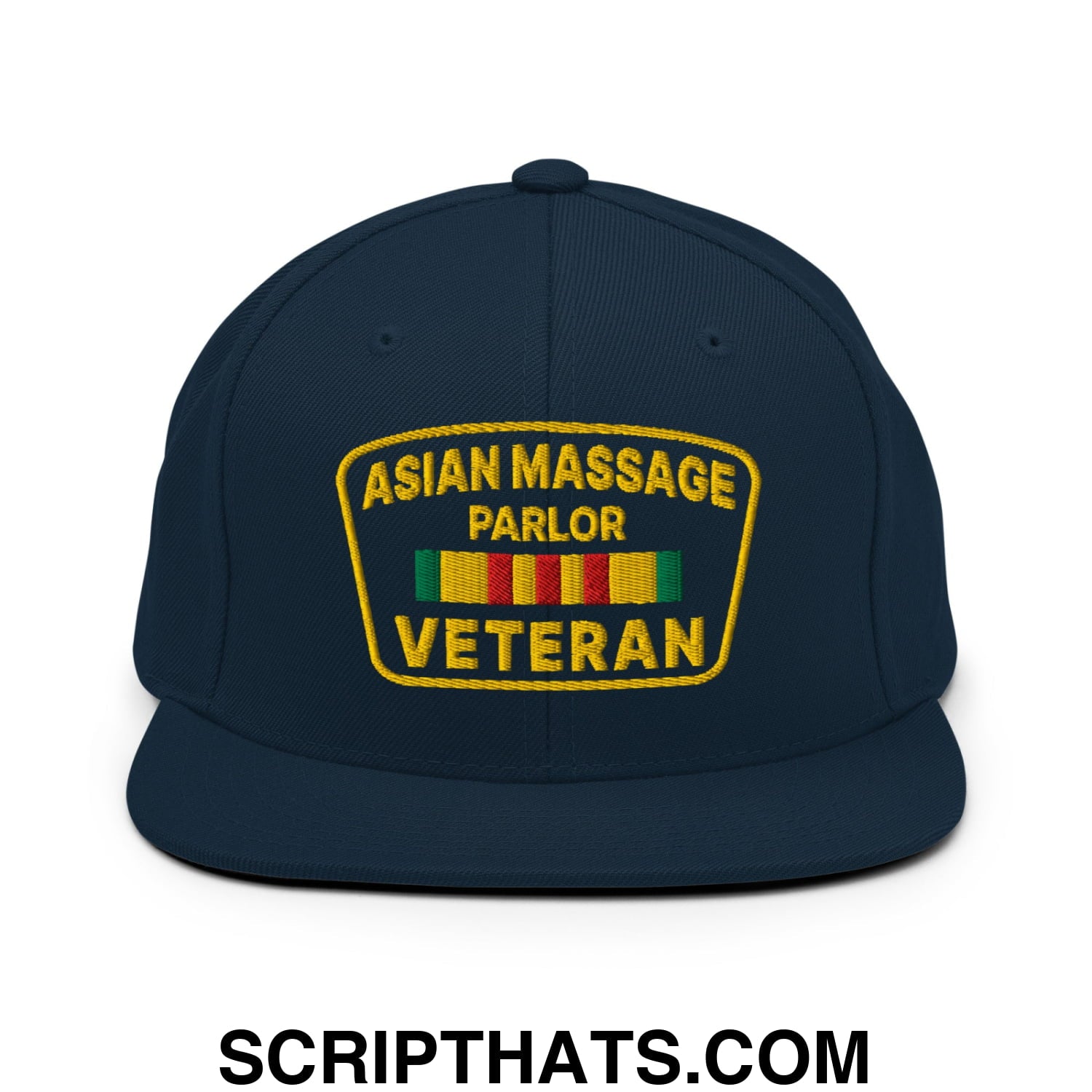 Asian Massage Parlor Veteran Embroidered Flat Bill Brim Snapback Hat Dark Navy