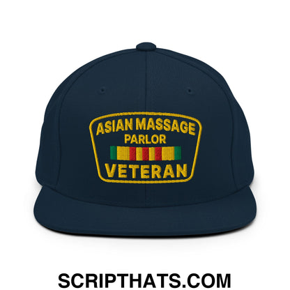 Asian Massage Parlor Veteran Embroidered Flat Bill Brim Snapback Hat Dark Navy