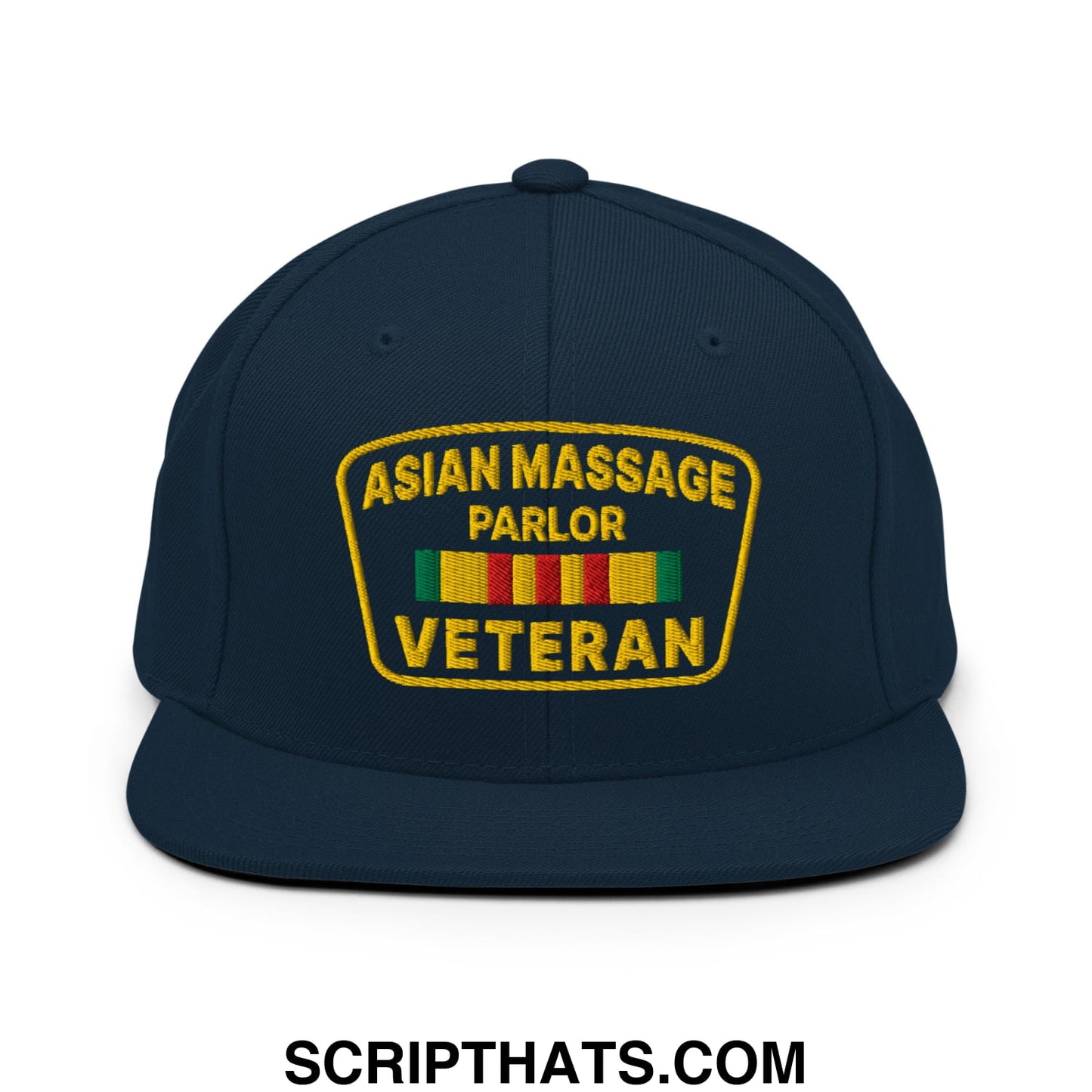 Asian Massage Parlor Veteran Embroidered Flat Bill Brim Snapback Hat Dark Navy