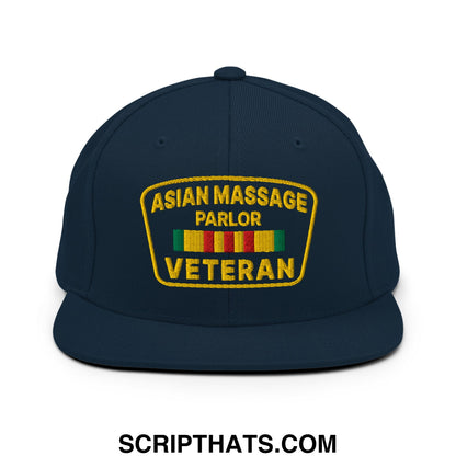 Asian Massage Parlor Veteran Embroidered Flat Bill Brim Snapback Hat Dark Navy