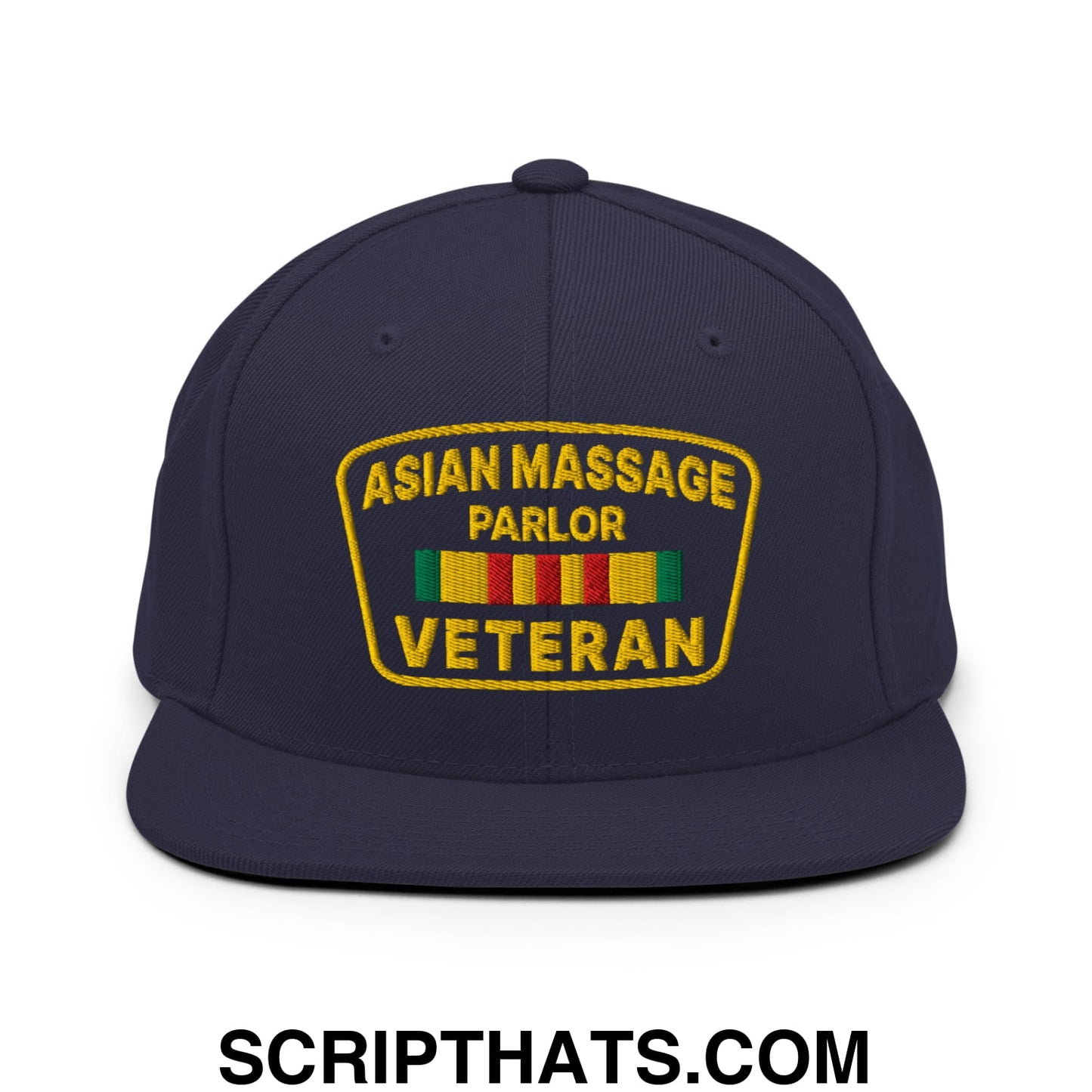 Asian Massage Parlor Veteran Embroidered Flat Bill Brim Snapback Hat Navy