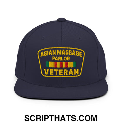 Asian Massage Parlor Veteran Embroidered Flat Bill Brim Snapback Hat Navy