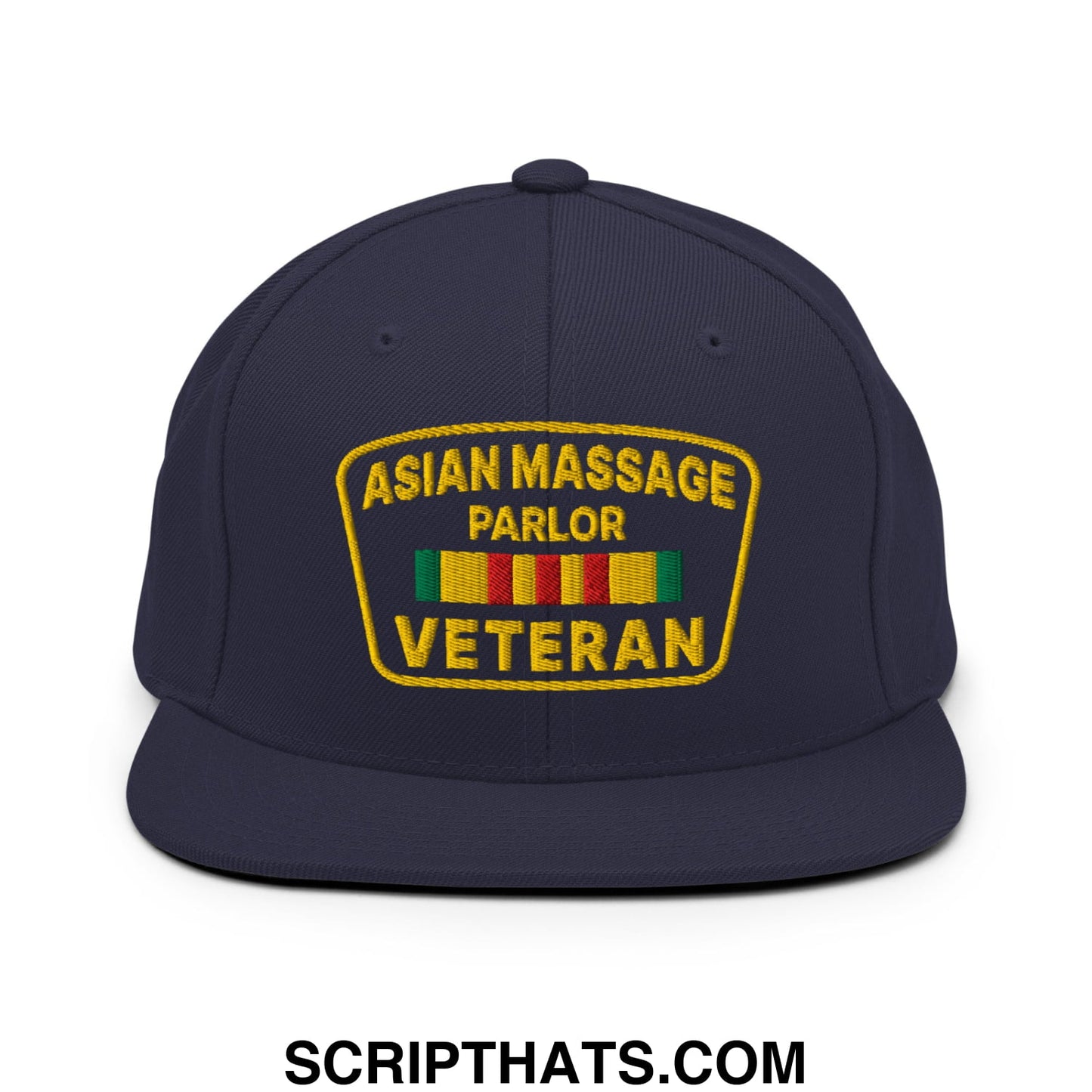 Asian Massage Parlor Veteran Embroidered Flat Bill Brim Snapback Hat Navy