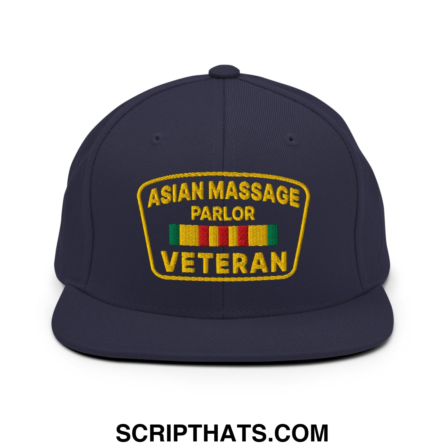 Asian Massage Parlor Veteran Embroidered Flat Bill Brim Snapback Hat Navy