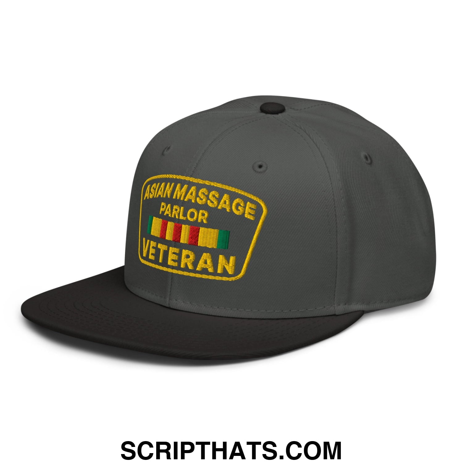 Asian Massage Parlor Veteran Embroidered Flat Brim Bill Snapback Hat Black Charcoal gray Charcoal gray