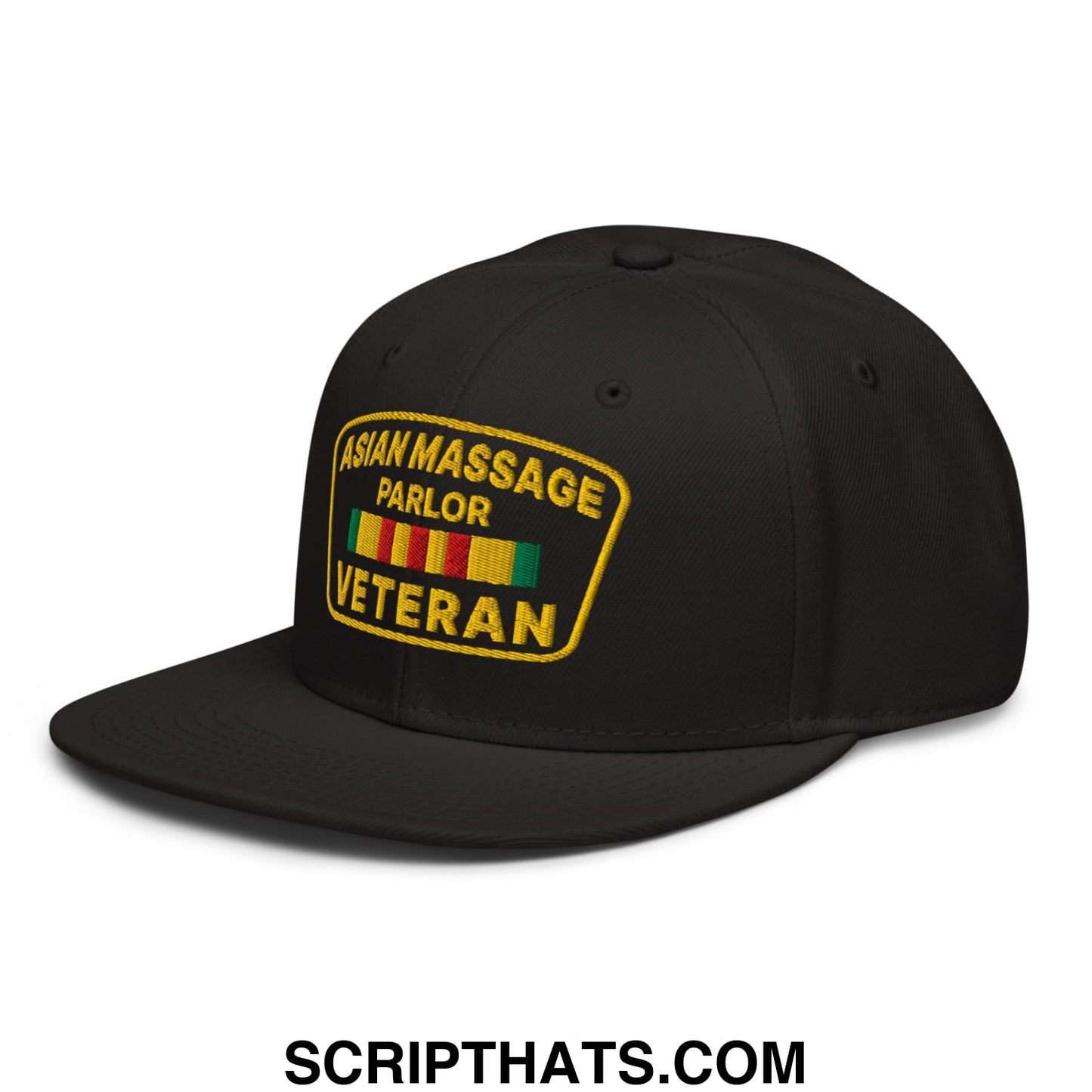 Asian Massage Parlor Veteran Embroidered Flat Brim Bill Snapback Hat Black