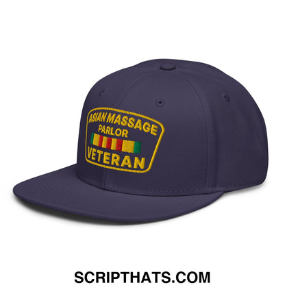 Asian Massage Parlor Veteran Embroidered Flat Brim Bill Snapback Hat Navy blue