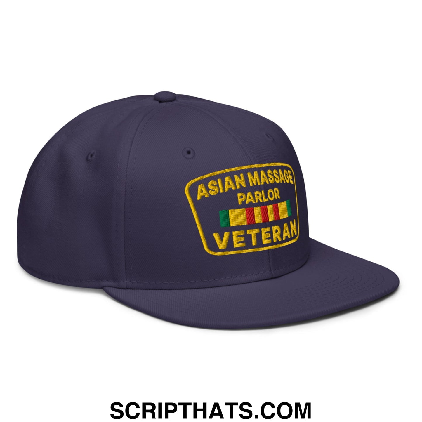 Asian Massage Parlor Veteran Embroidered Flat Brim Bill Snapback Hat Navy blue