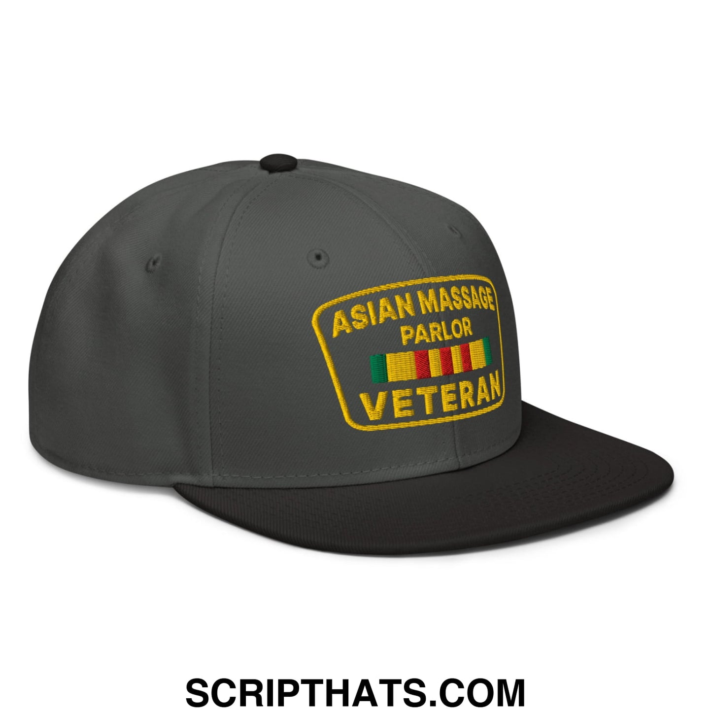 Asian Massage Parlor Veteran Embroidered Flat Brim Bill Snapback Hat Black Charcoal gray Charcoal gray