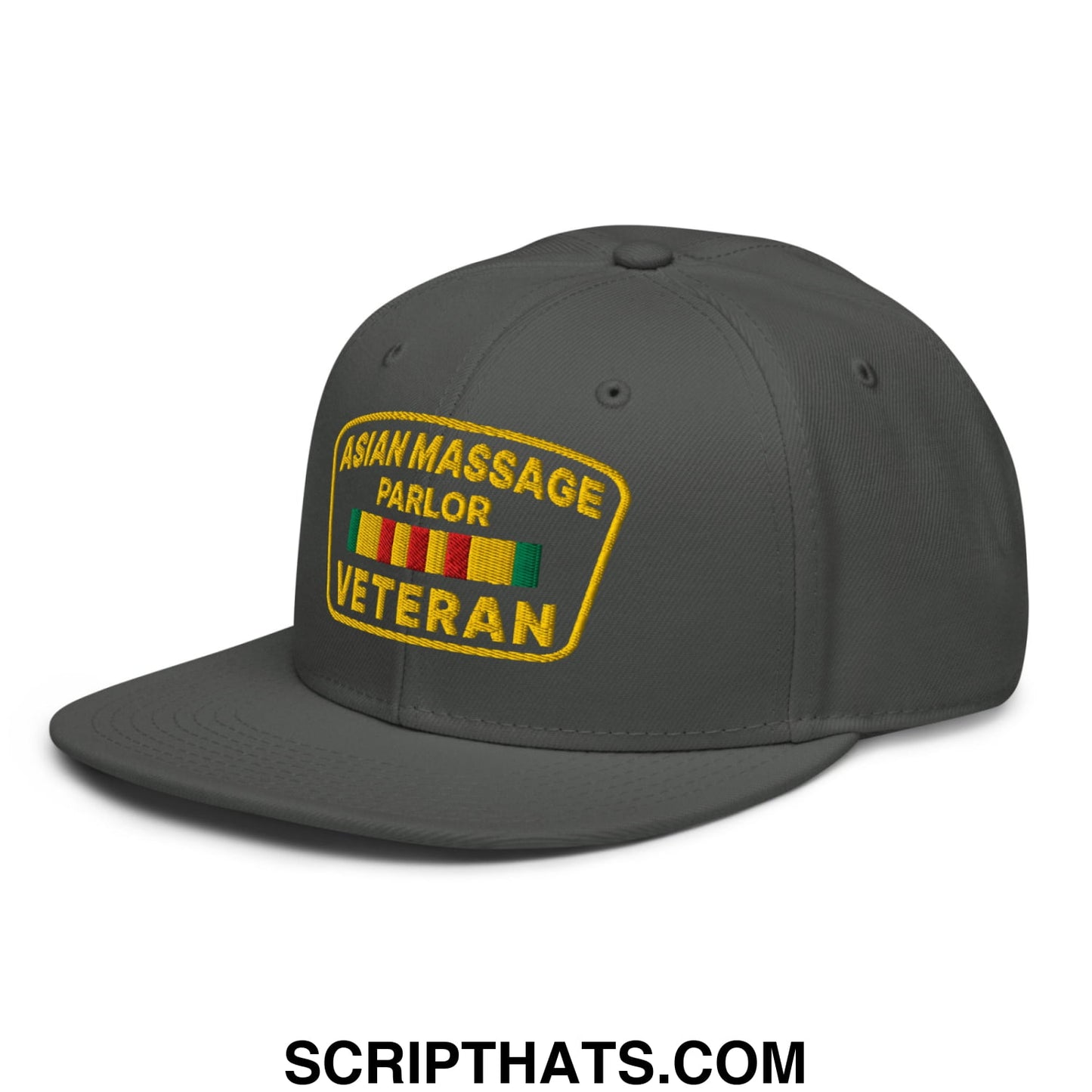 Asian Massage Parlor Veteran Embroidered Flat Brim Bill Snapback Hat Charcoal gray