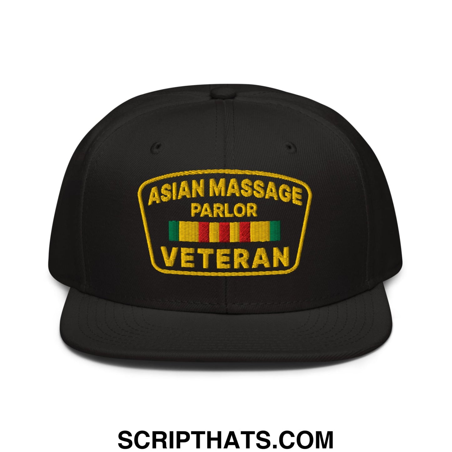 Asian Massage Parlor Veteran Embroidered Flat Brim Bill Snapback Hat Black