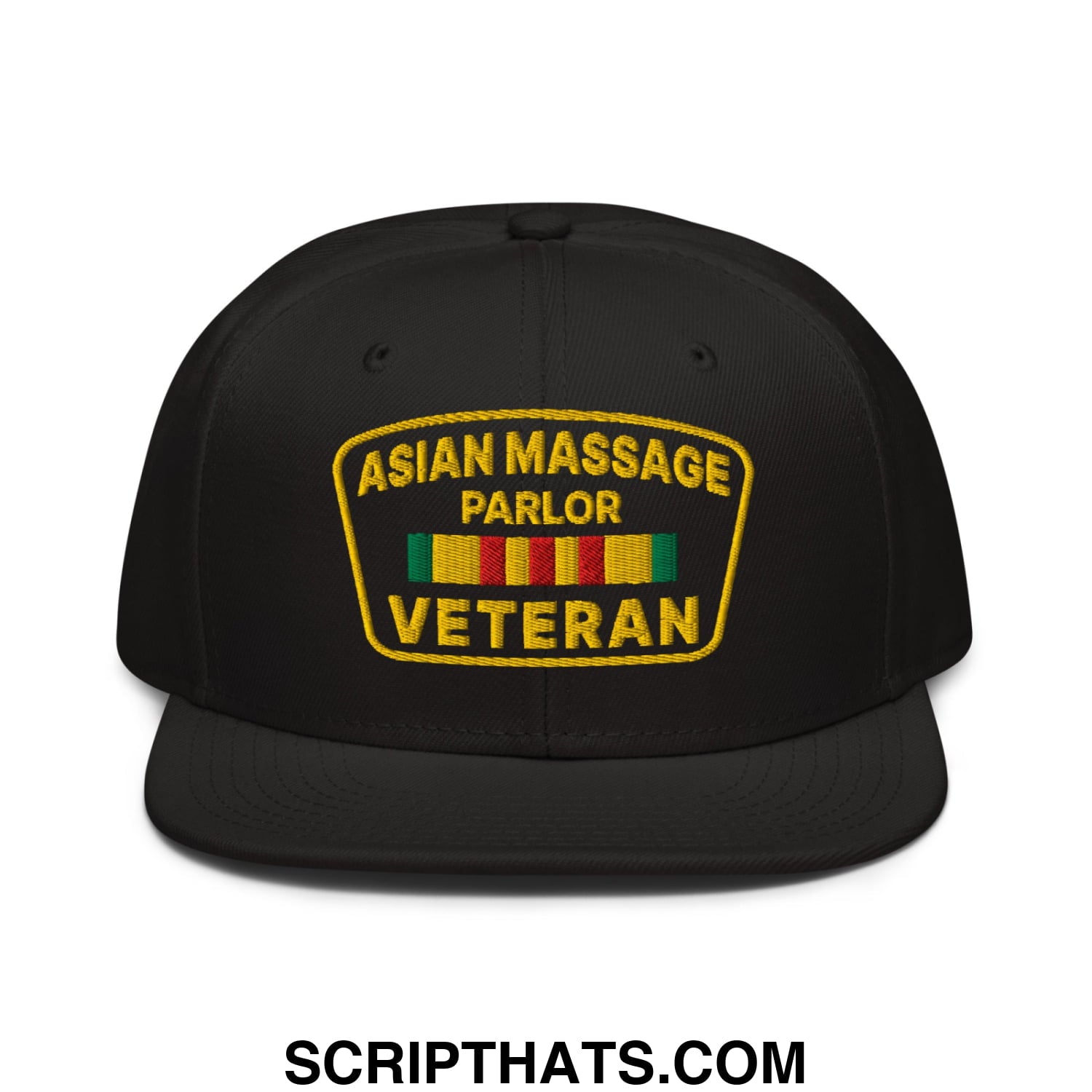 Asian Massage Parlor Veteran Embroidered Flat Brim Bill Snapback Hat Black