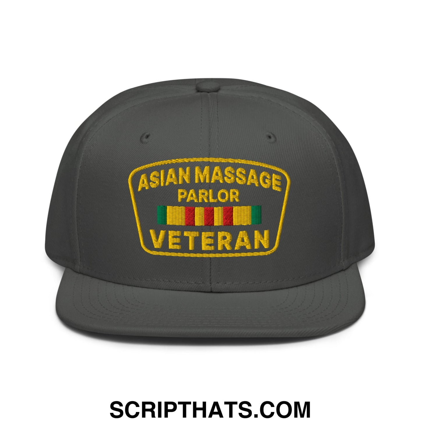 Asian Massage Parlor Veteran Embroidered Flat Brim Bill Snapback Hat Charcoal gray