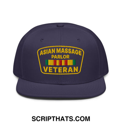 Asian Massage Parlor Veteran Embroidered Flat Brim Bill Snapback Hat Navy blue