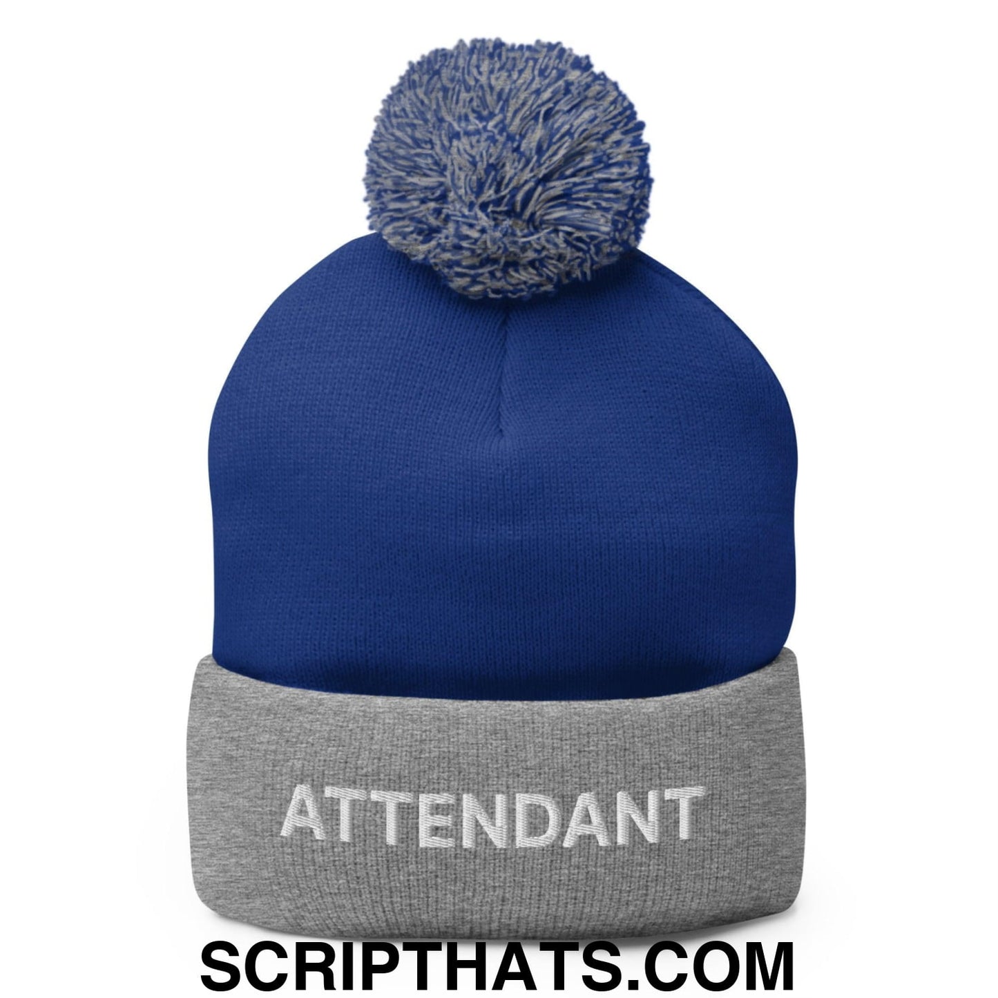Attendant Uniform Embroidered Knit Pom Pom Beanie Royal Heather Grey
