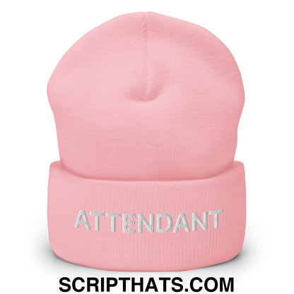 Attendant Uniform Work Embroidered Knit Cuffed Beanie Baby Pink