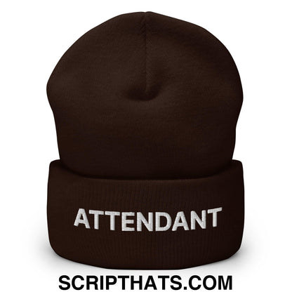 Attendant Uniform Work Embroidered Knit Cuffed Beanie Brown