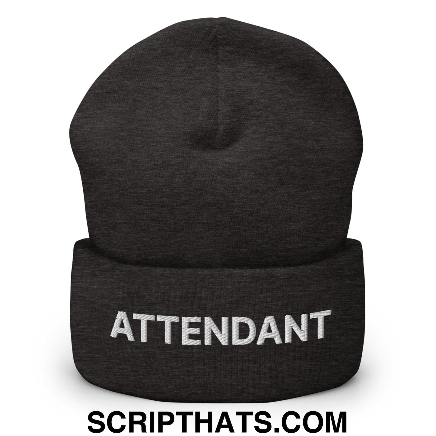 Attendant Uniform Work Embroidered Knit Cuffed Beanie Dark Grey