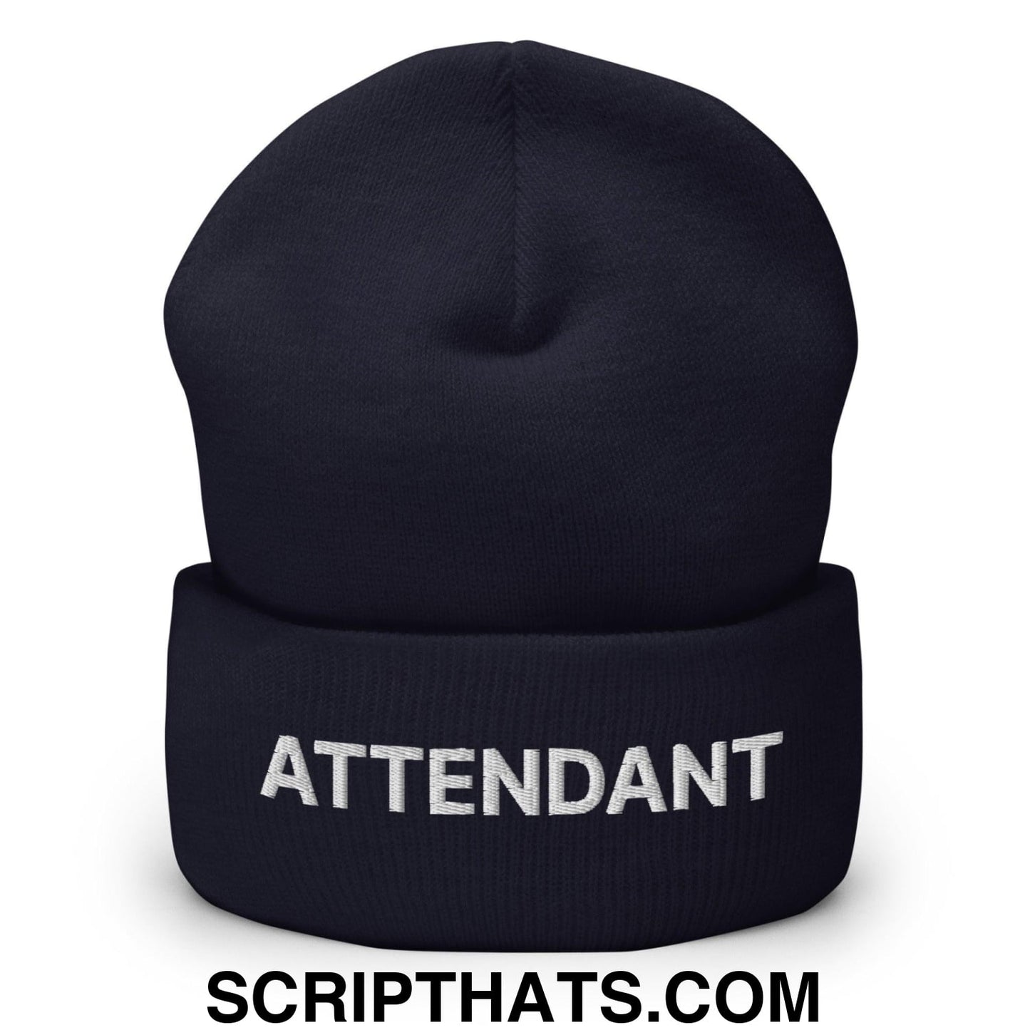 Attendant Uniform Work Embroidered Knit Cuffed Beanie Navy