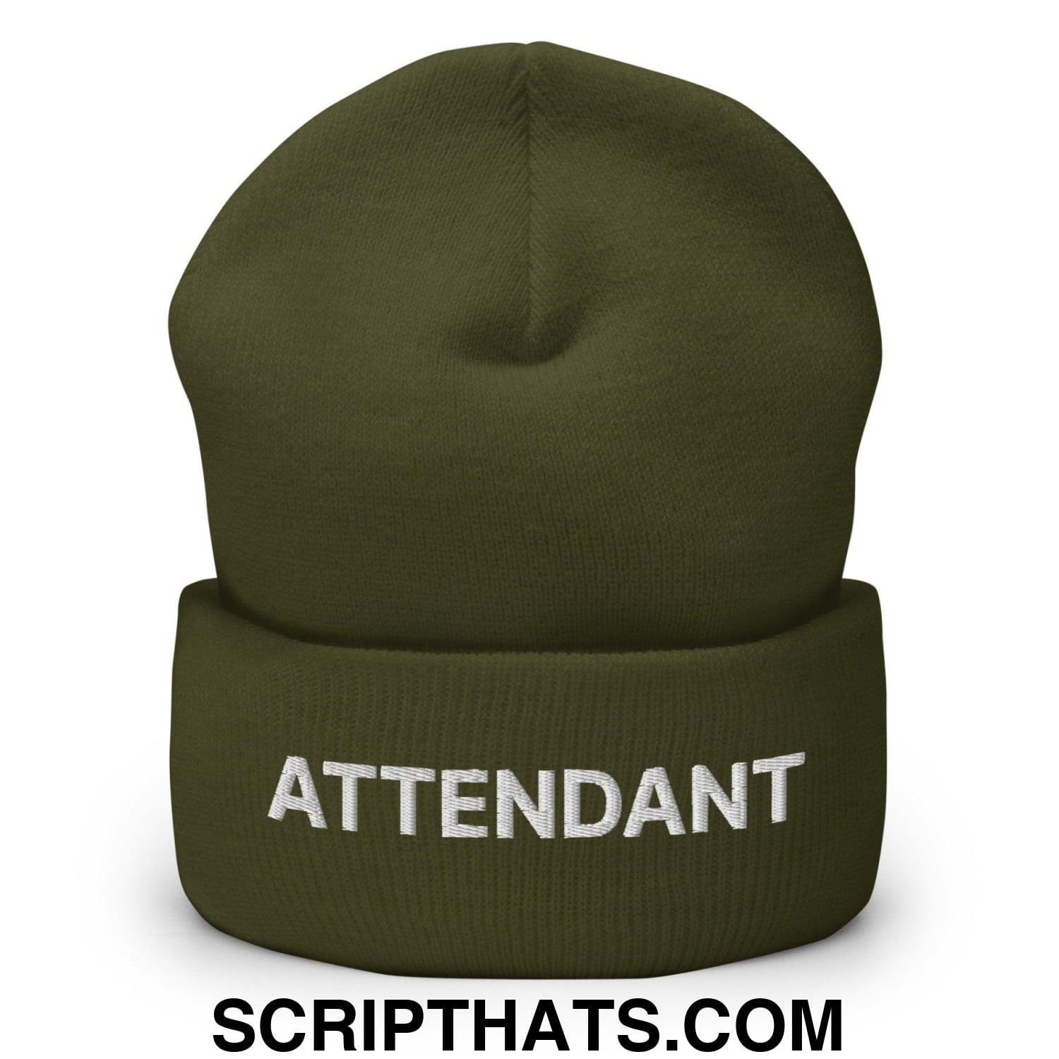 Attendant Uniform Work Embroidered Knit Cuffed Beanie Olive
