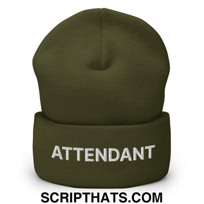 Attendant Uniform Work Embroidered Knit Cuffed Beanie Olive