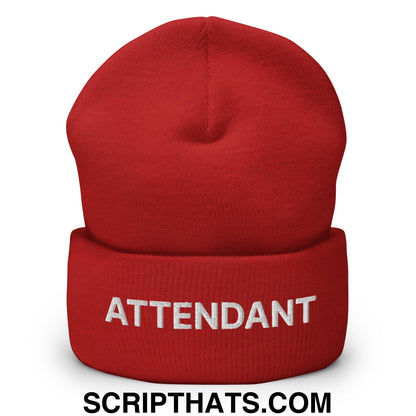 Attendant Uniform Work Embroidered Knit Cuffed Beanie Red