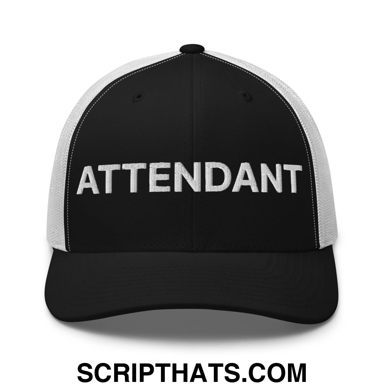 Attendant Work Block Embroidered Mesh Trucker Hat Black White