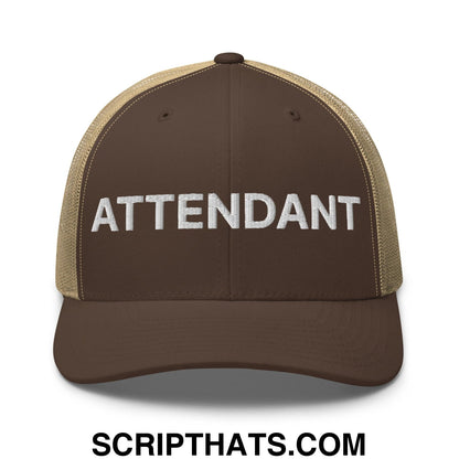 Attendant Work Block Embroidered Mesh Trucker Hat Brown Khaki