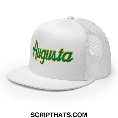 Augusta Vintage Sports Script Embroidered Flat Bill Brim Mesh Trucker Hat White