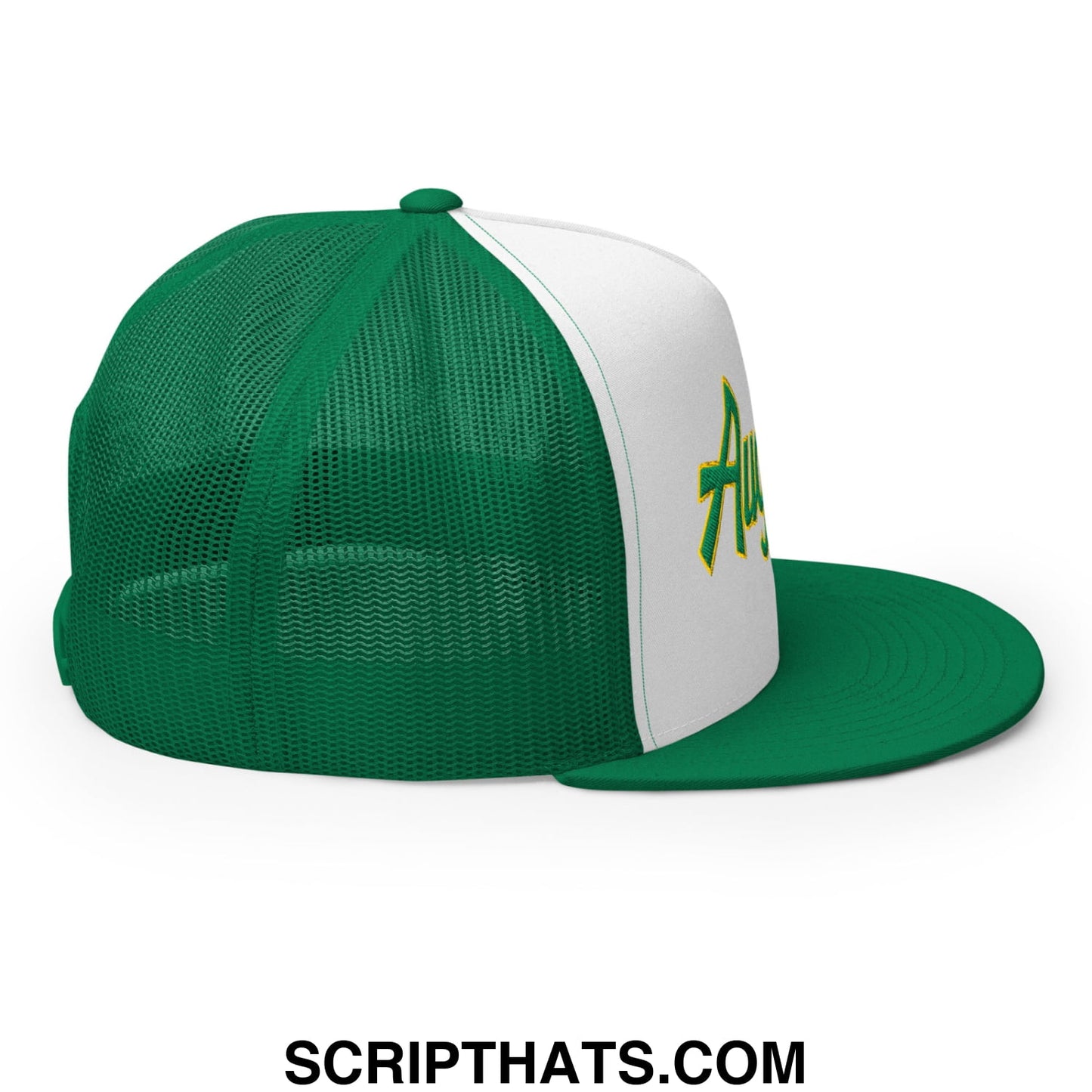 Augusta Vintage Sports Script Embroidered Flat Bill Brim Mesh Trucker Hat Kelly White Kelly