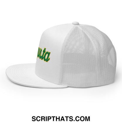 Augusta Vintage Sports Script Embroidered Flat Bill Brim Mesh Trucker Hat White