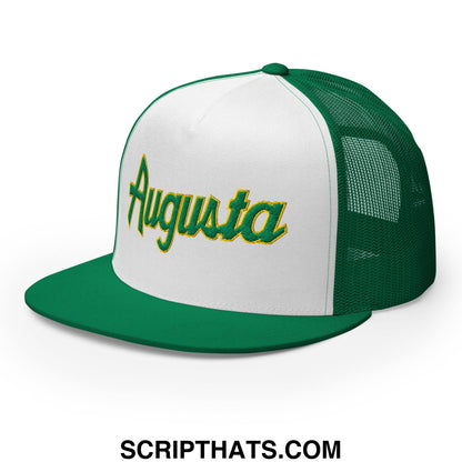 Augusta Vintage Sports Script Embroidered Flat Bill Brim Mesh Trucker Hat Kelly White Kelly