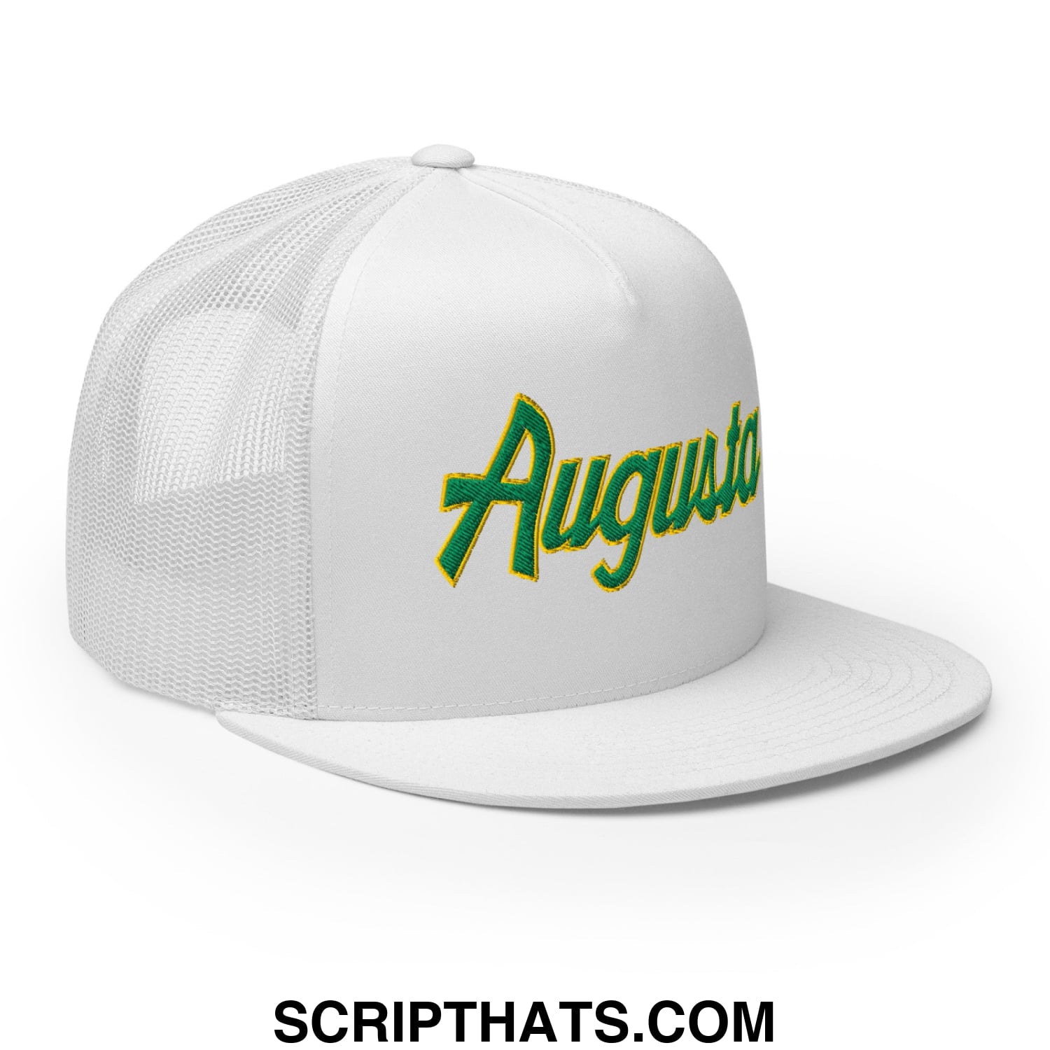 Augusta Vintage Sports Script Embroidered Flat Bill Brim Mesh Trucker Hat White
