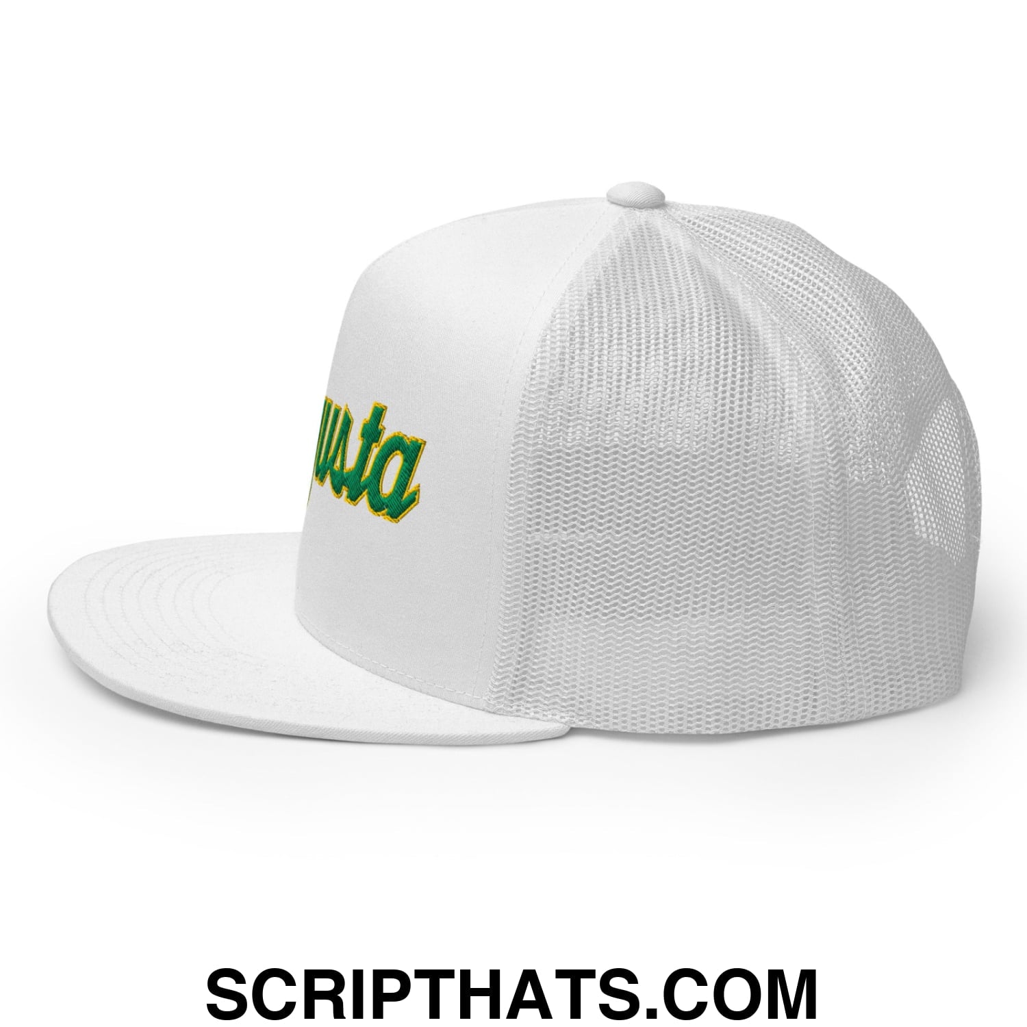 Augusta Vintage Sports Script Embroidered Flat Bill Brim Mesh Trucker Hat White
