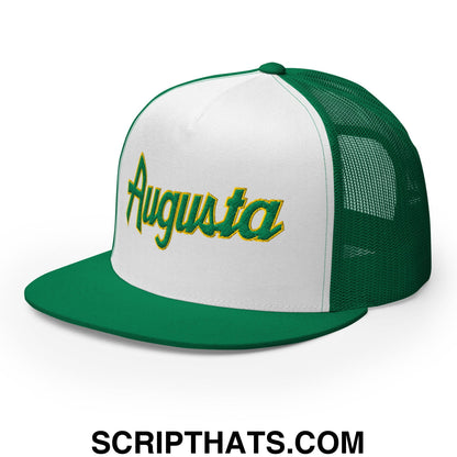 Augusta Vintage Sports Script Embroidered Flat Bill Brim Mesh Trucker Hat Kelly White Kelly